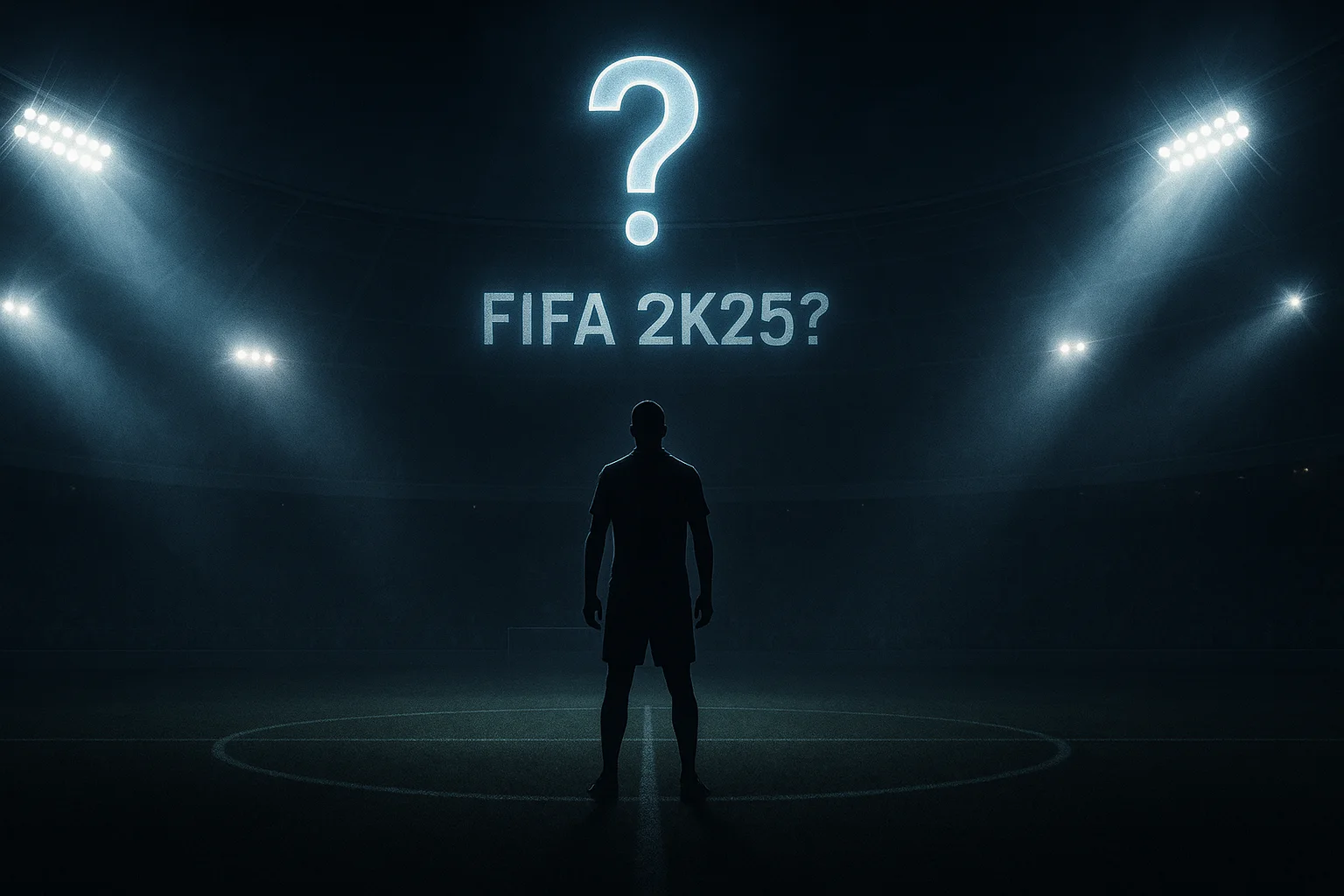 Dark football stadium with spotlight and shadowy figure, symbolizing FIFA 2K25 game rumors and mystery