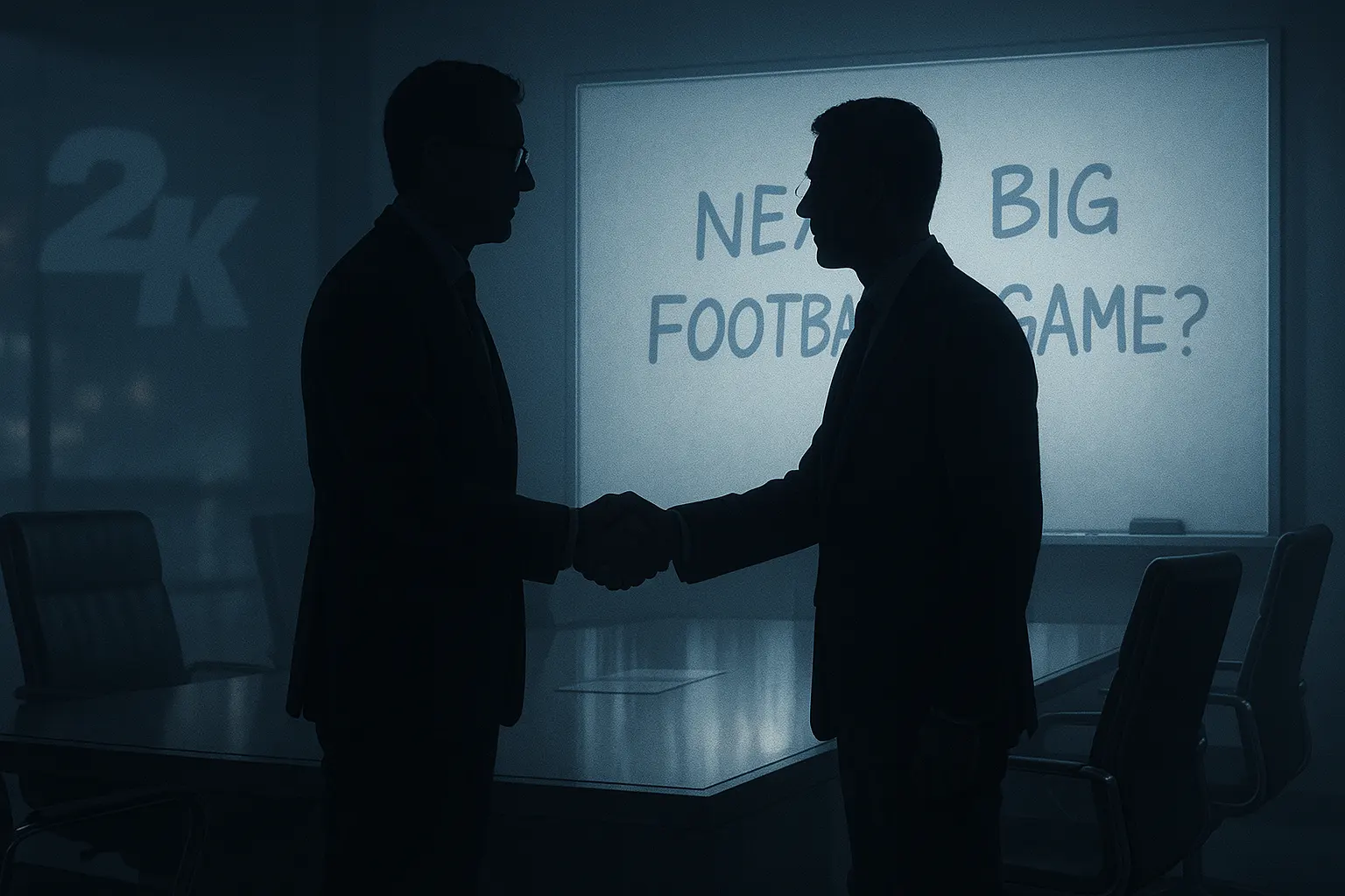 Illustration of two anonymous developers shaking hands in a boardroom, hinting at FIFA 2K25 partnership