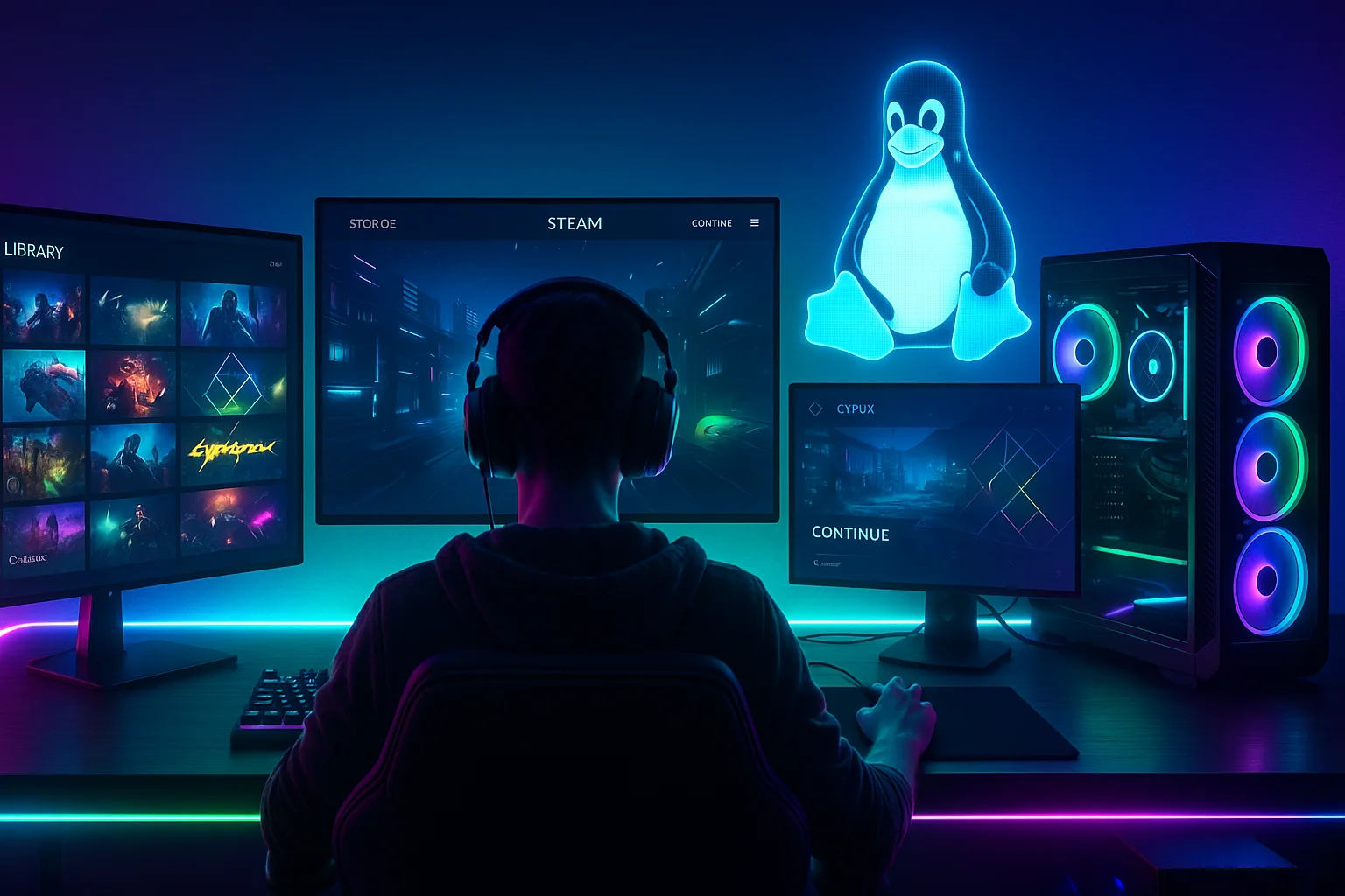 Modern gaming setup showing Linux gamer using video games PBLinuxTech platform with futuristic UI
