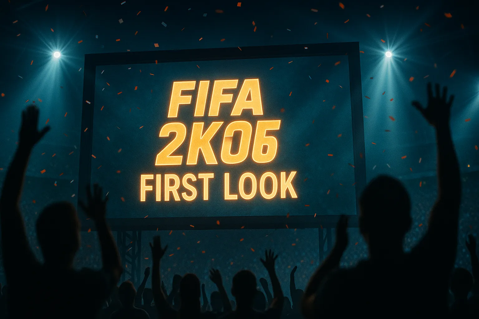 Fans watching FIFA 2K25 trailer announcement on stadium screen surrounded by lights and confetti