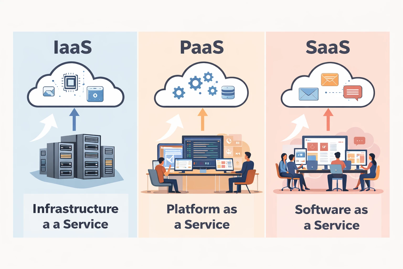 Simple cloud computing infographic showing Infrastructure as a Service, Platform as a Service, and Software as a Service used by businesses to understand cloud computing essentials and benefits.