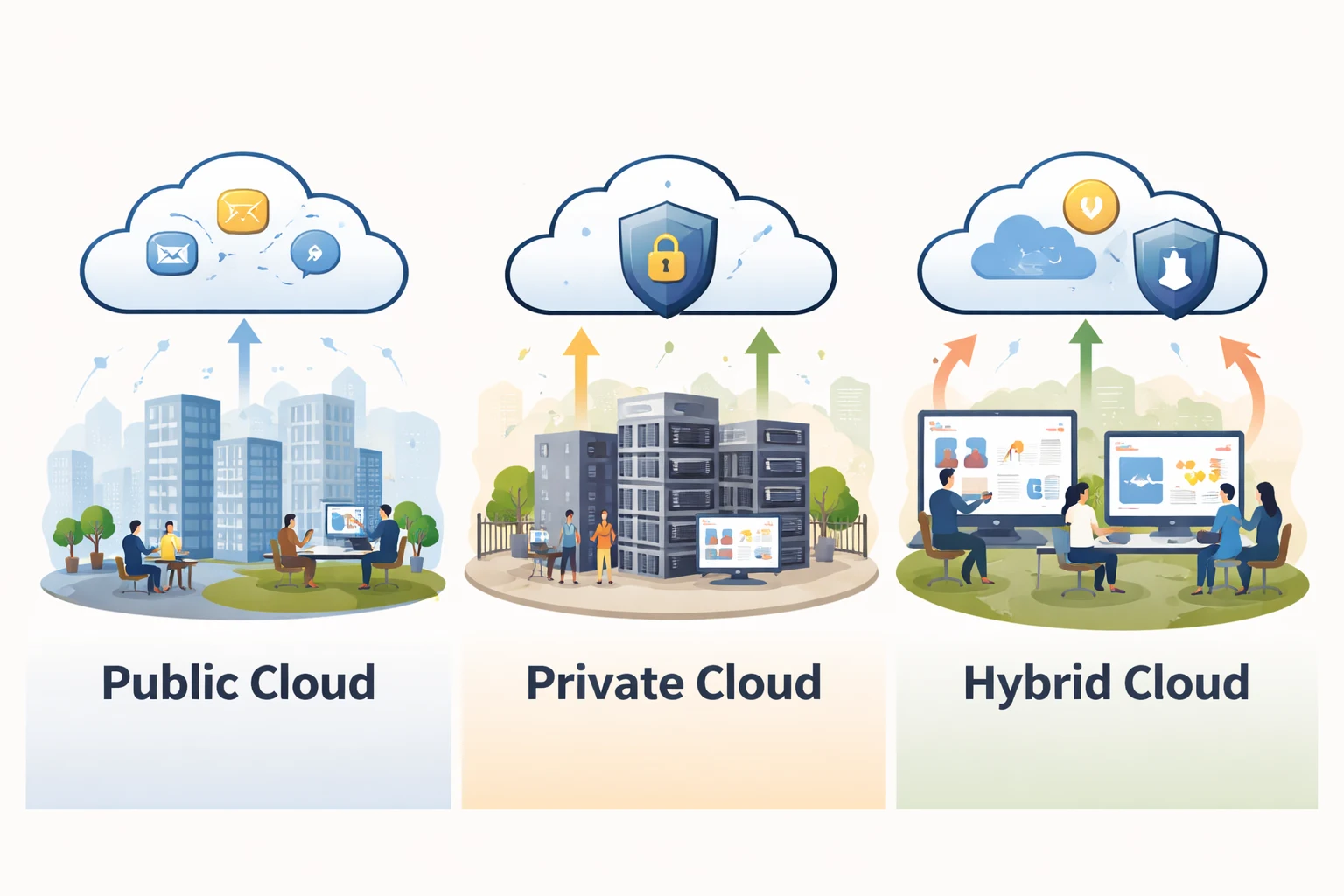 Illustration showing public cloud, private cloud, and hybrid cloud deployment models used by businesses to manage data, security, and scalability in cloud computing.