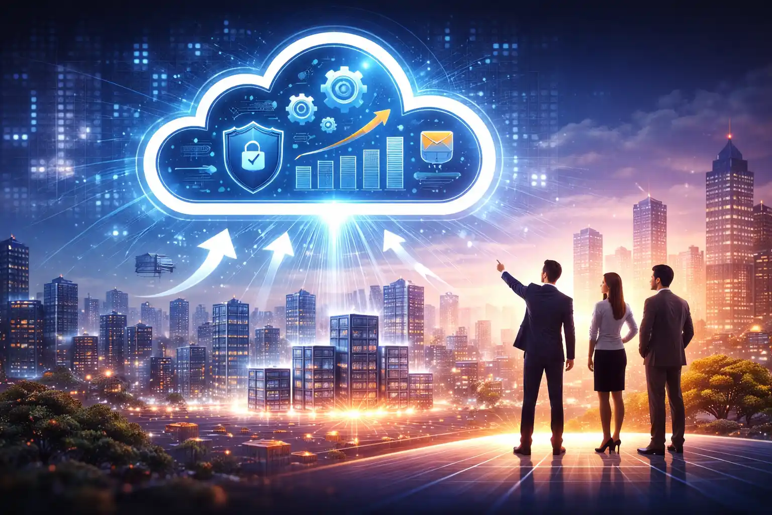 Illustration showing business professionals looking toward a cloud-based digital environment that represents the future of cloud computing, innovation, security, and scalable business growth.