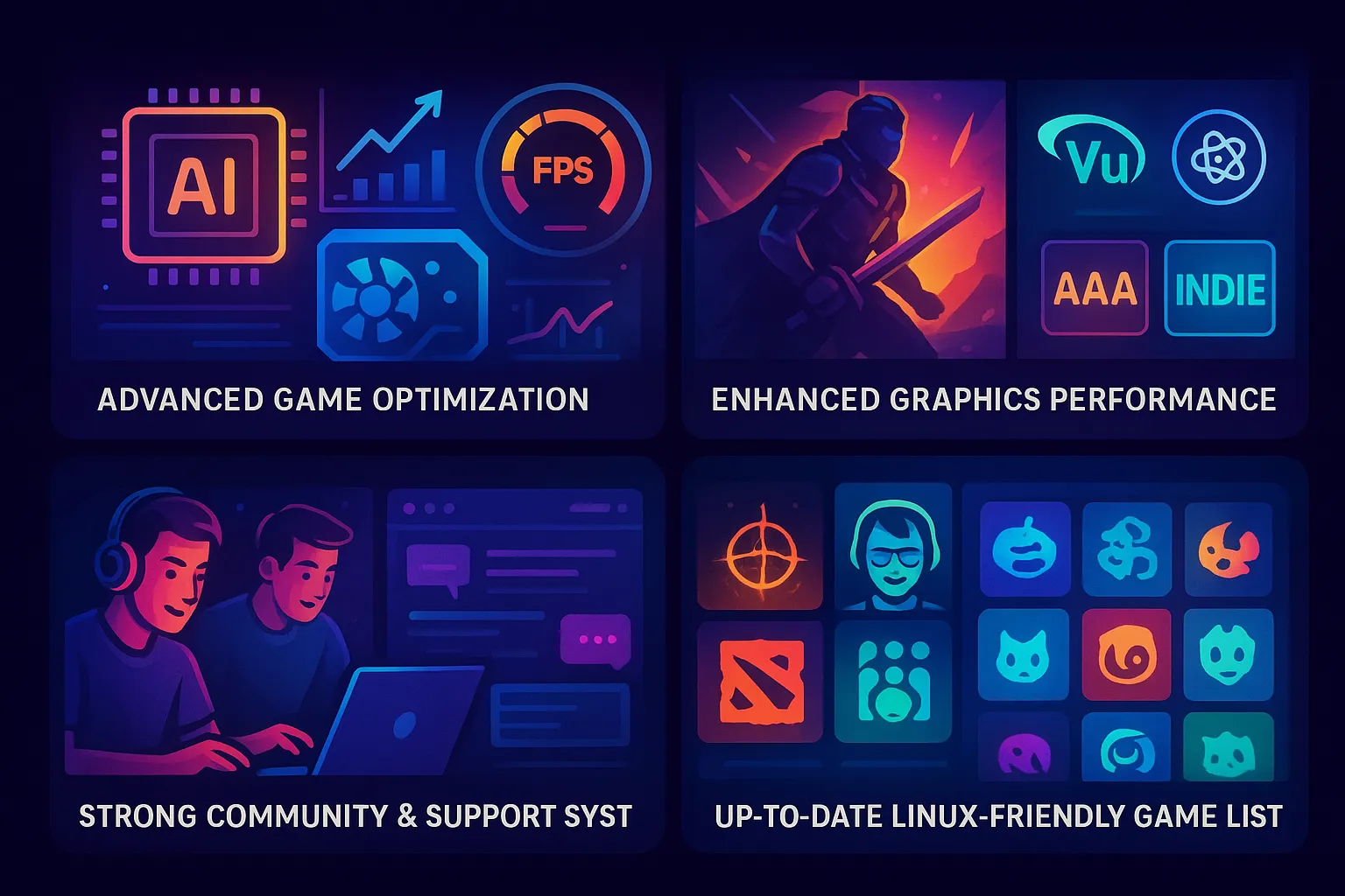 Vibrant illustration showing PBLinuxTech key features for Linux gamers – game optimization, enhanced graphics, community support, and Linux-friendly game library