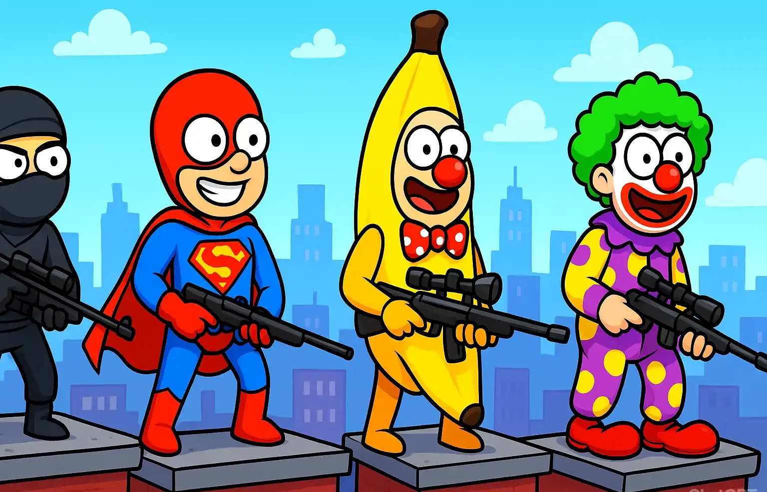 Rooftop Snipers 2 funny skins – play as ninja, superhero, banana, or clown