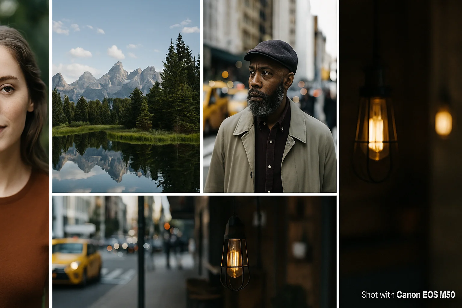 Canon EOS M50 sample images showing portrait, landscape, street, and low-light photography performance