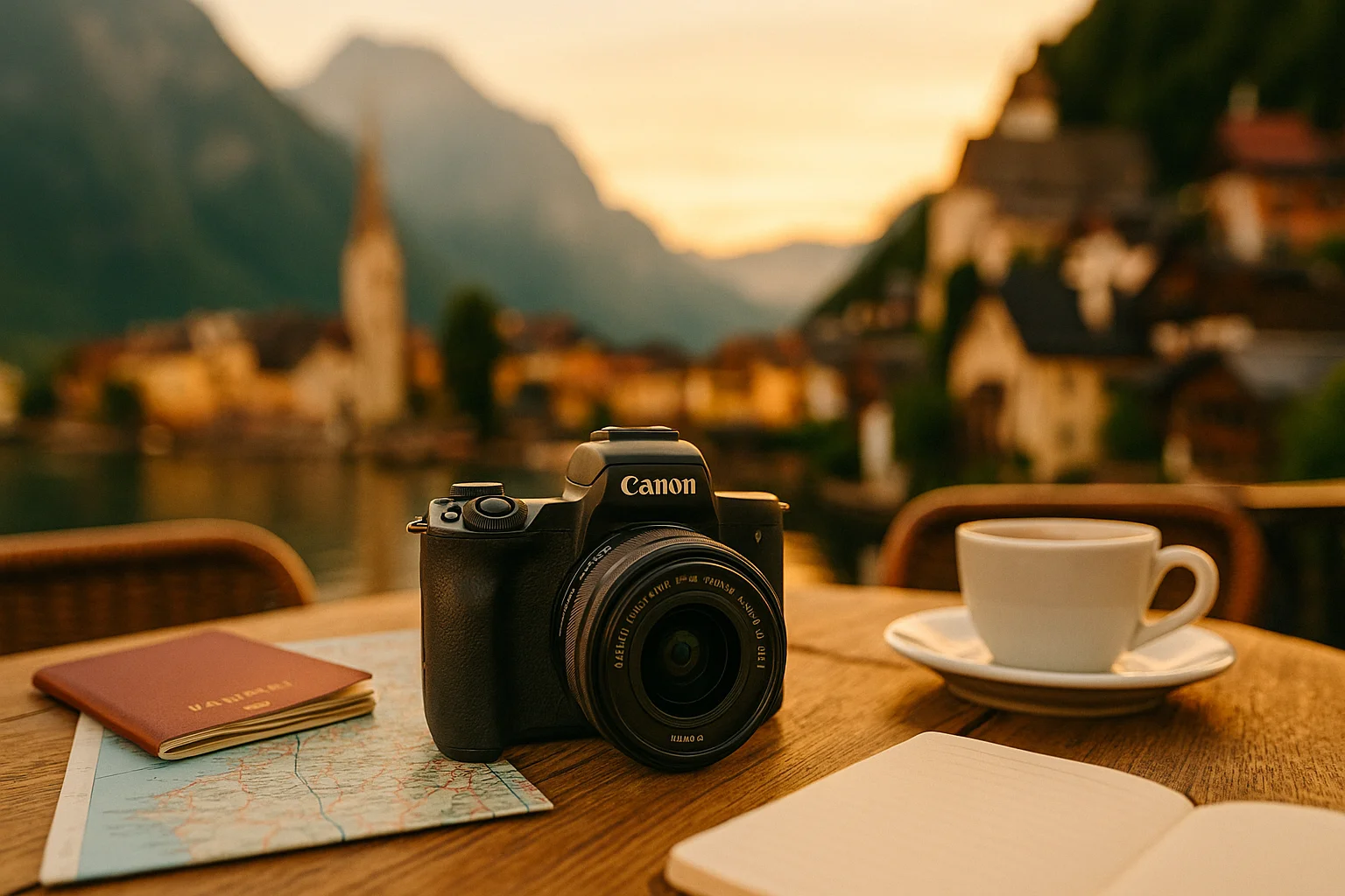 Canon EOS M50 travel photography setup with travel accessories and scenic background