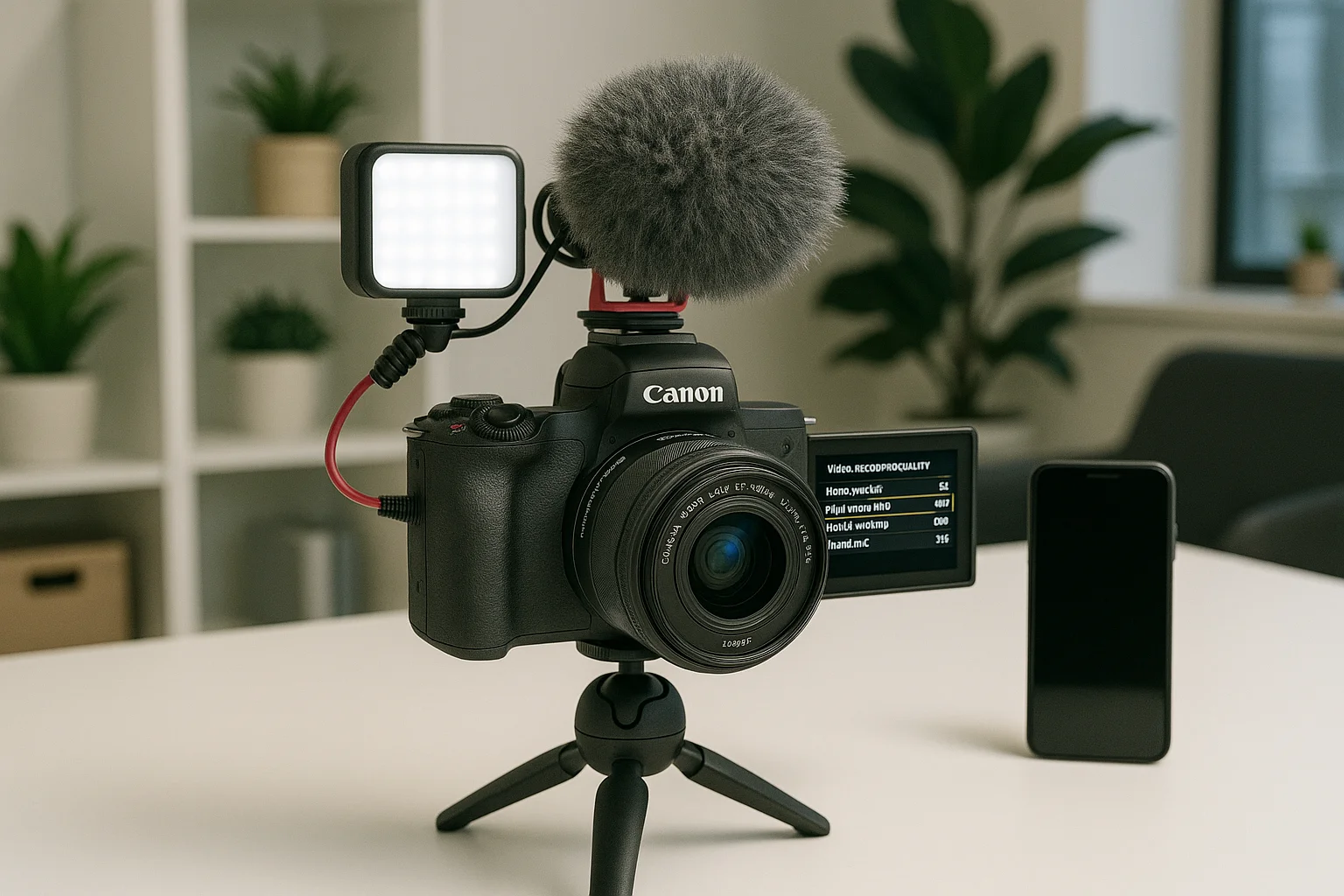 Canon EOS M50 vlogging setup with flip screen and content creation accessories