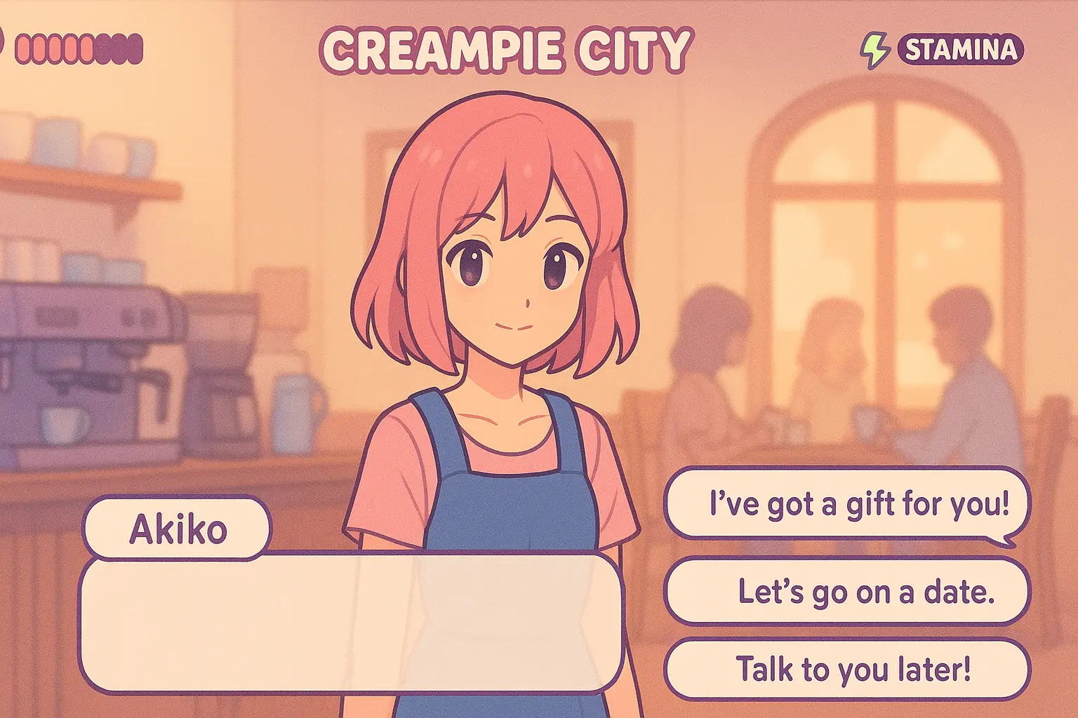 In-game dialogue interface from Creampie City with charm and stamina stats