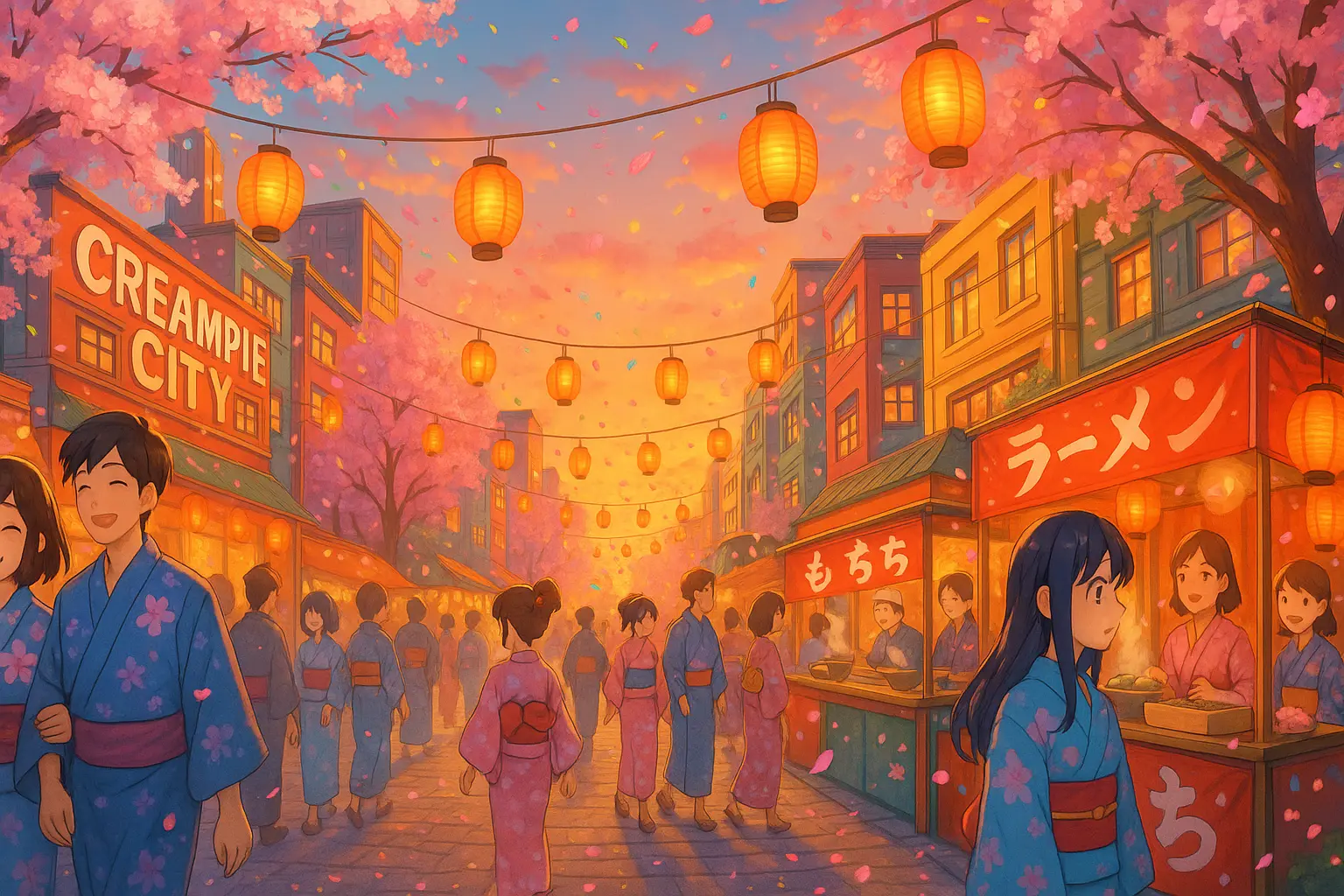 Creampie City spring festival with anime characters walking under lanterns