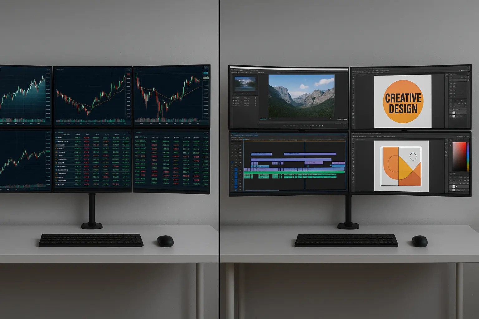 Comparison of optimized 6 monitor workspaces for trading and creative professional use cases