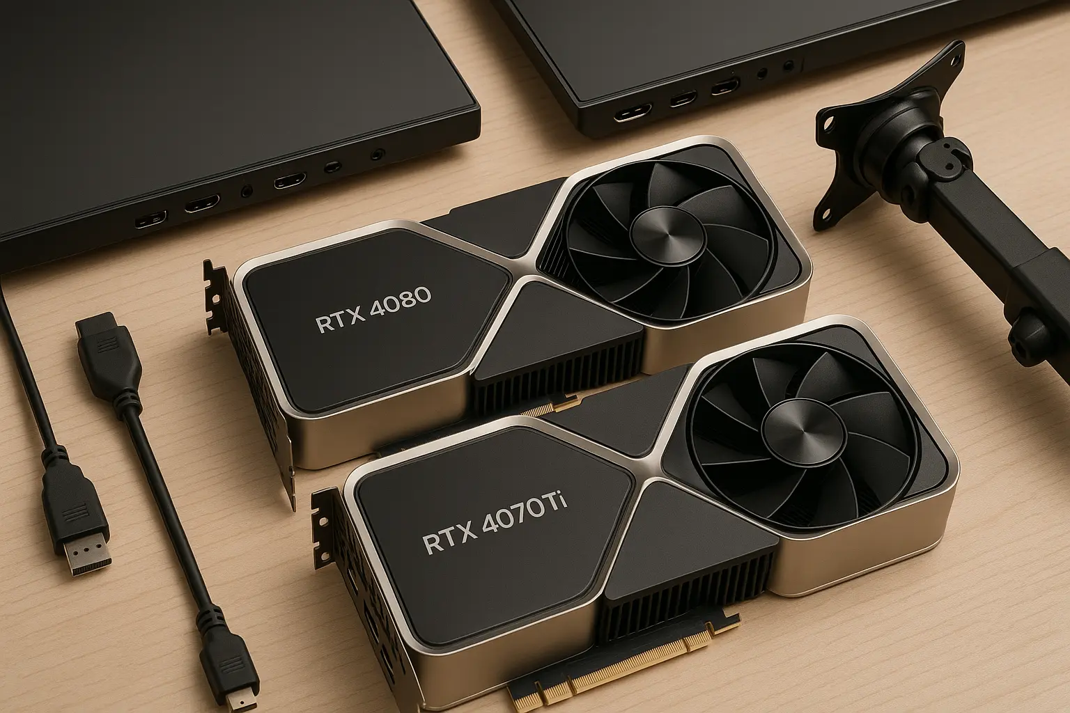 Essential hardware components for 6 monitor setup including graphics cards, monitors, cables and mounting equipment