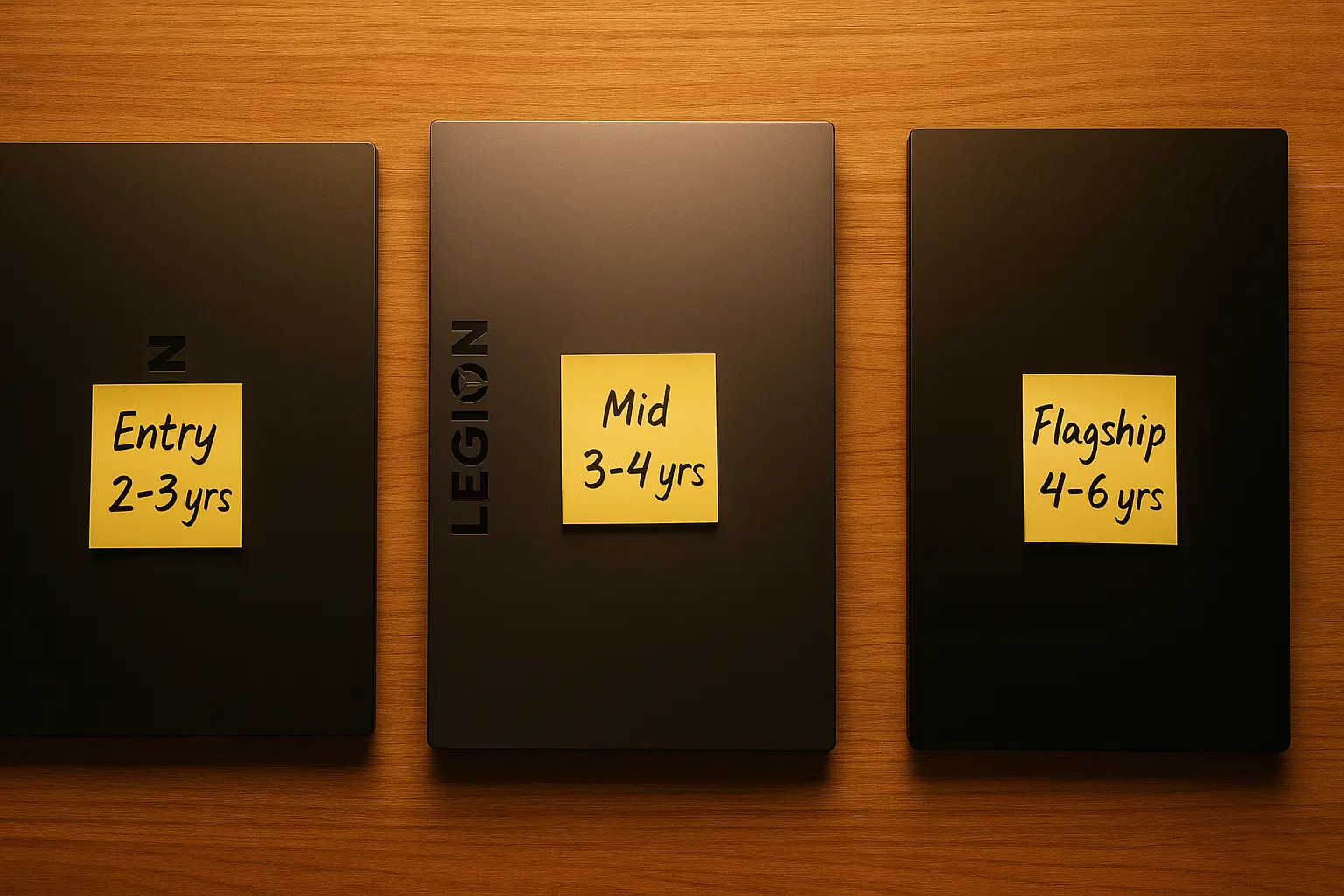Entry, mid, and flagship gaming laptops compared for lifespan on a desk
