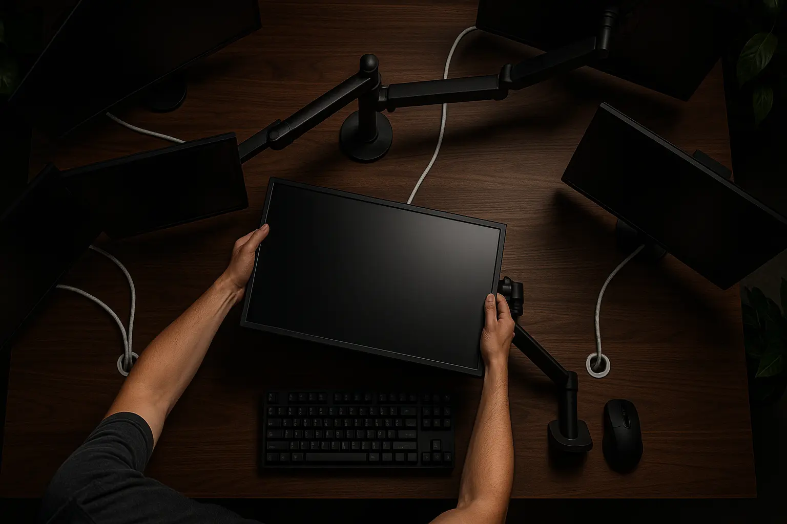 Professional installation process of 6 monitor computer setup showing careful monitor positioning, cable management and premium workspace organization