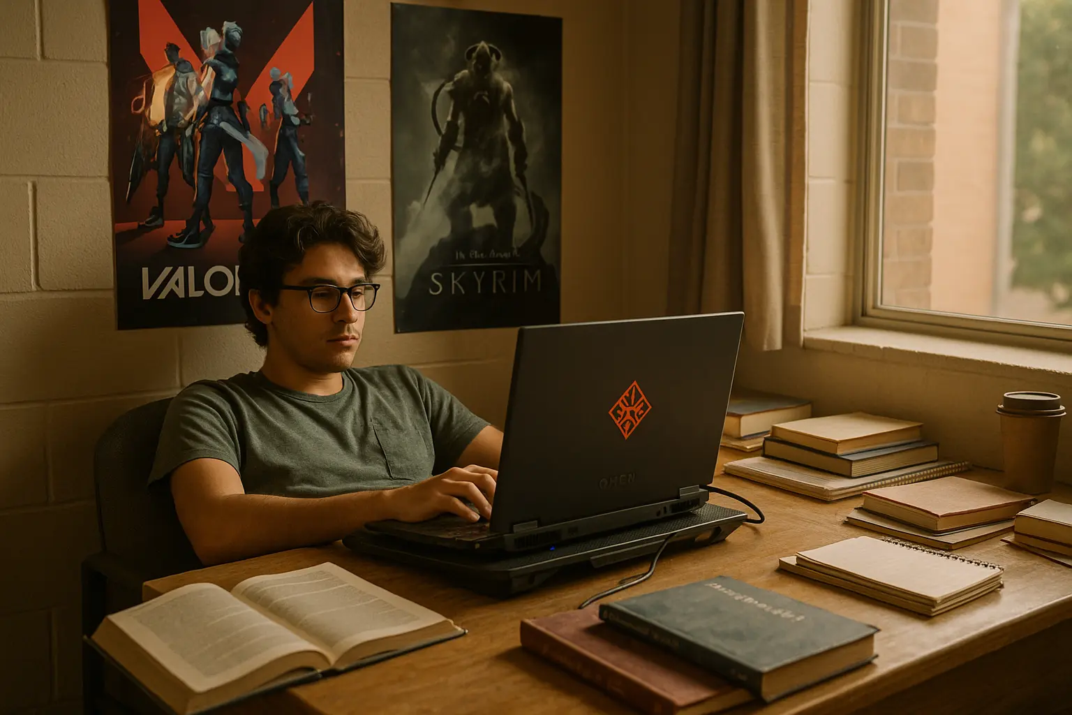 Student gamer keeping an older laptop cool with a pad during study break