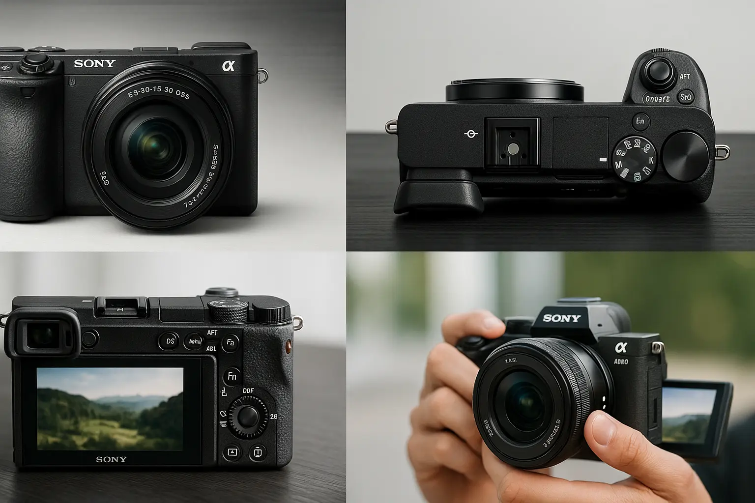 A four-panel horizontal image carousel featuring the Sony A6500 mirrorless camera from multiple angles: front view in a studio setting, top-down view on a matte black surface, rear view with LCD screen tilted on a table, and the camera being held in both hands outdoors with a blurred background.