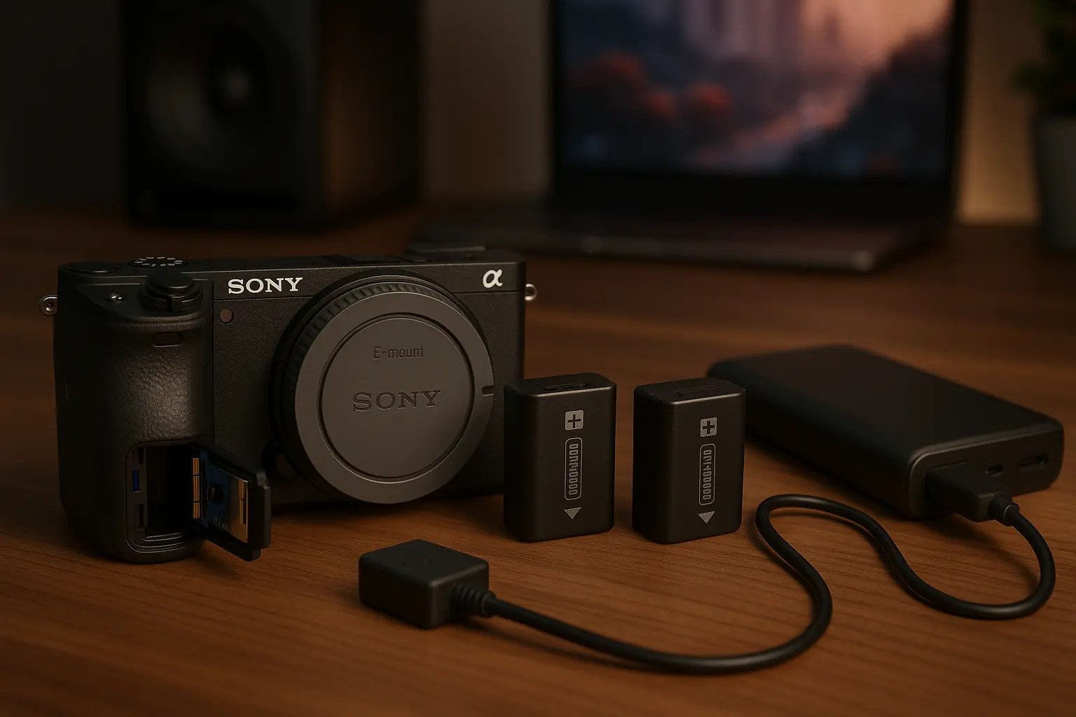 Sony A6500 with open battery compartment, spare batteries, and USB power solution