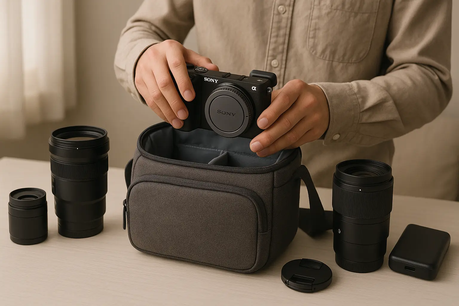 Content creator packing Sony A6500 and lenses into a compact camera bag for travel