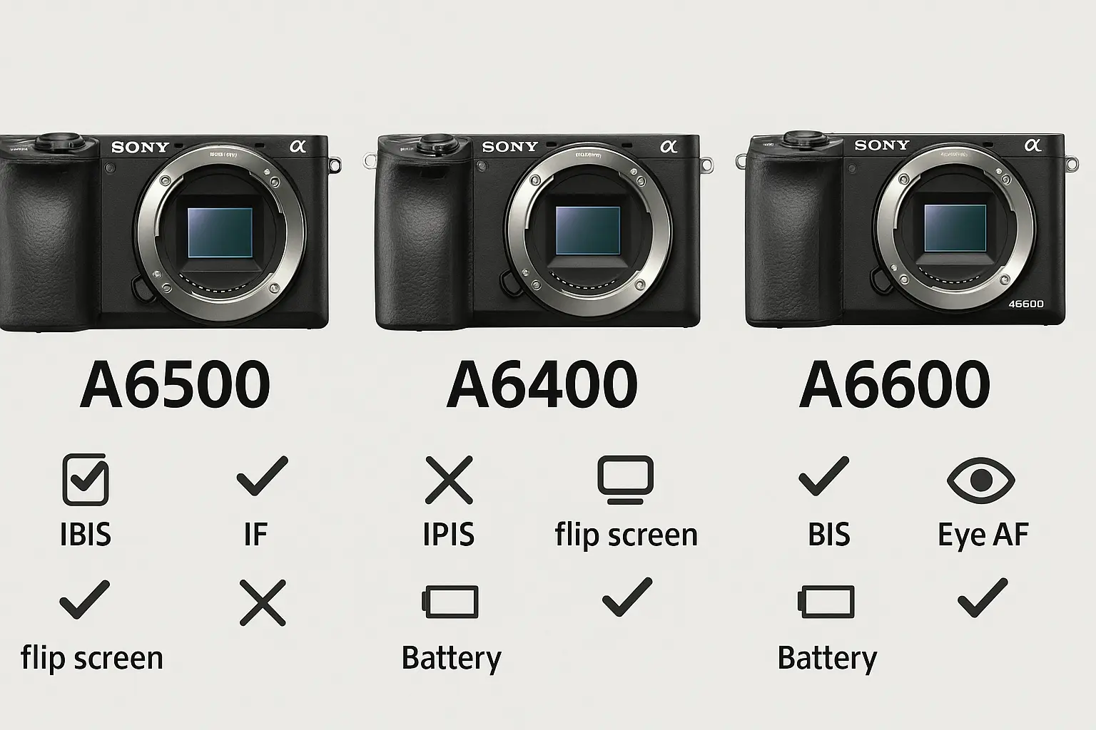 Side-by-side visual comparison of Sony A6500, A6400, and A6600 with feature icons
