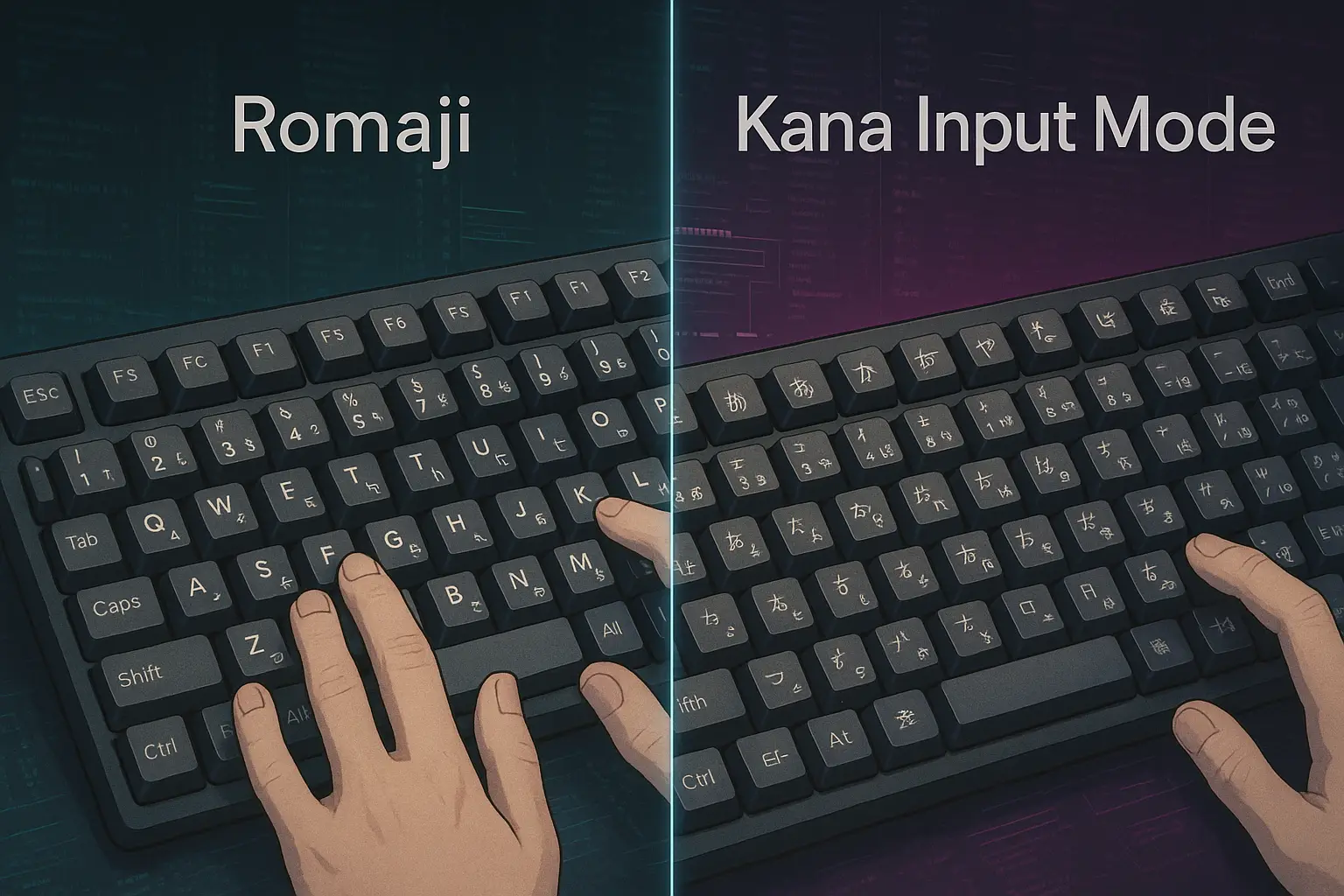 Side-by-side comparison of typing in Romaji vs Kana input modes on a Japanese keyboard