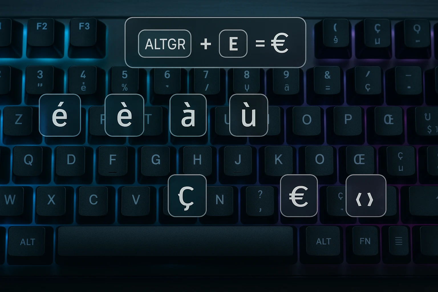 AZERTY keyboard with accent keys like é, à, and AltGr combinations highlighted
