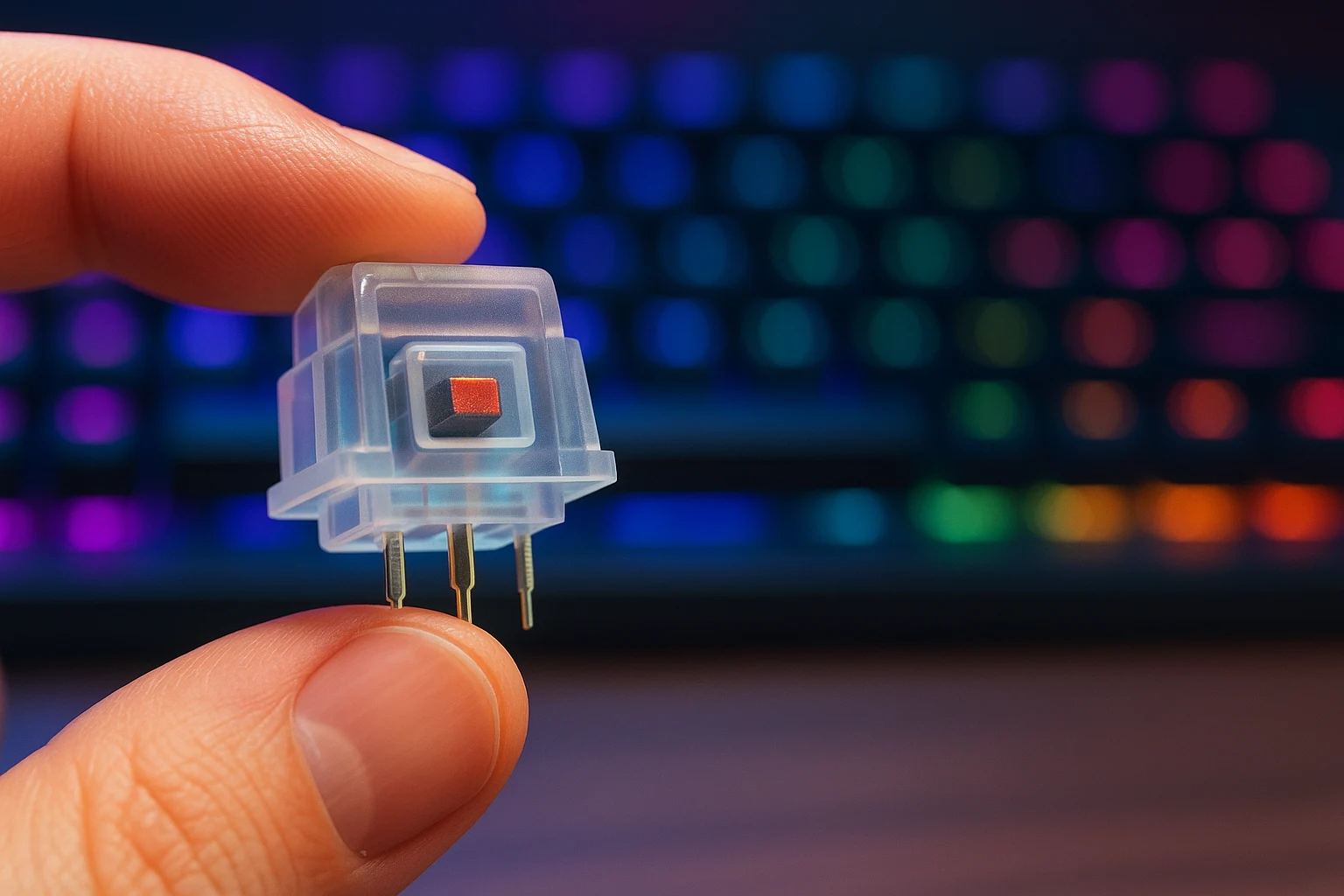Close-up of a Hall effect switch with magnet, RGB keyboard in background
