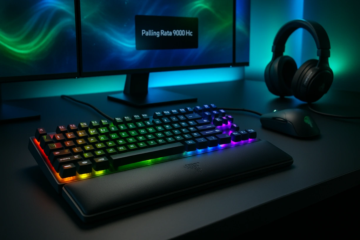 Razer Huntsman V3 Pro RGB keyboard on a black desk in a tech studio with ambient green and blue lighting.