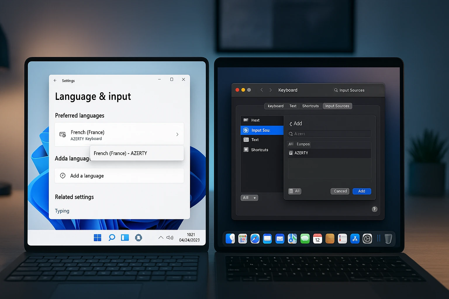 System settings on Windows and Mac showing how to enable French keyboard layout