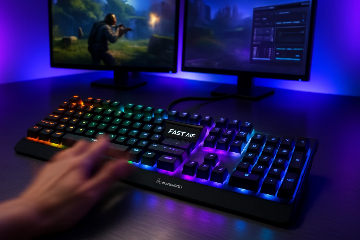 SteelSeries Apex Pro keyboard glowing with RGB in a sleek gaming room with dual monitors and cool lighting.