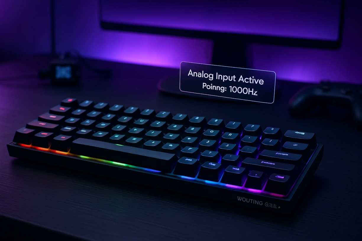 Wooting 60HE+ analog keyboard with RGB lighting on a minimalist black desk in a futuristic gaming setup.