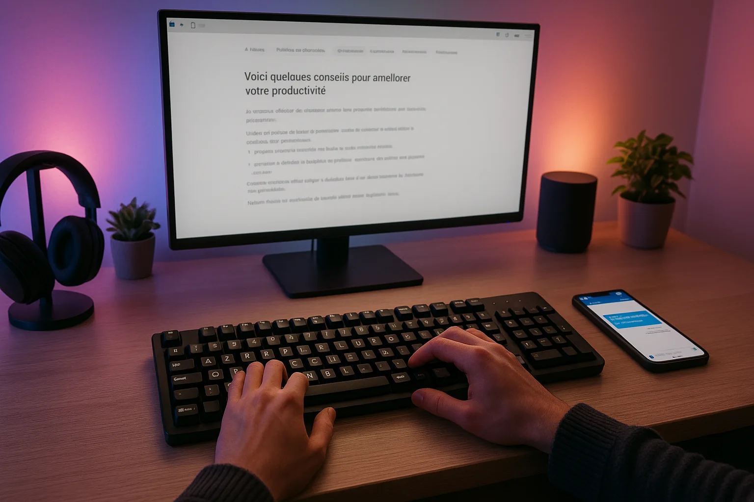 Person typing on an AZERTY keyboard with French text on screen in a productive setup