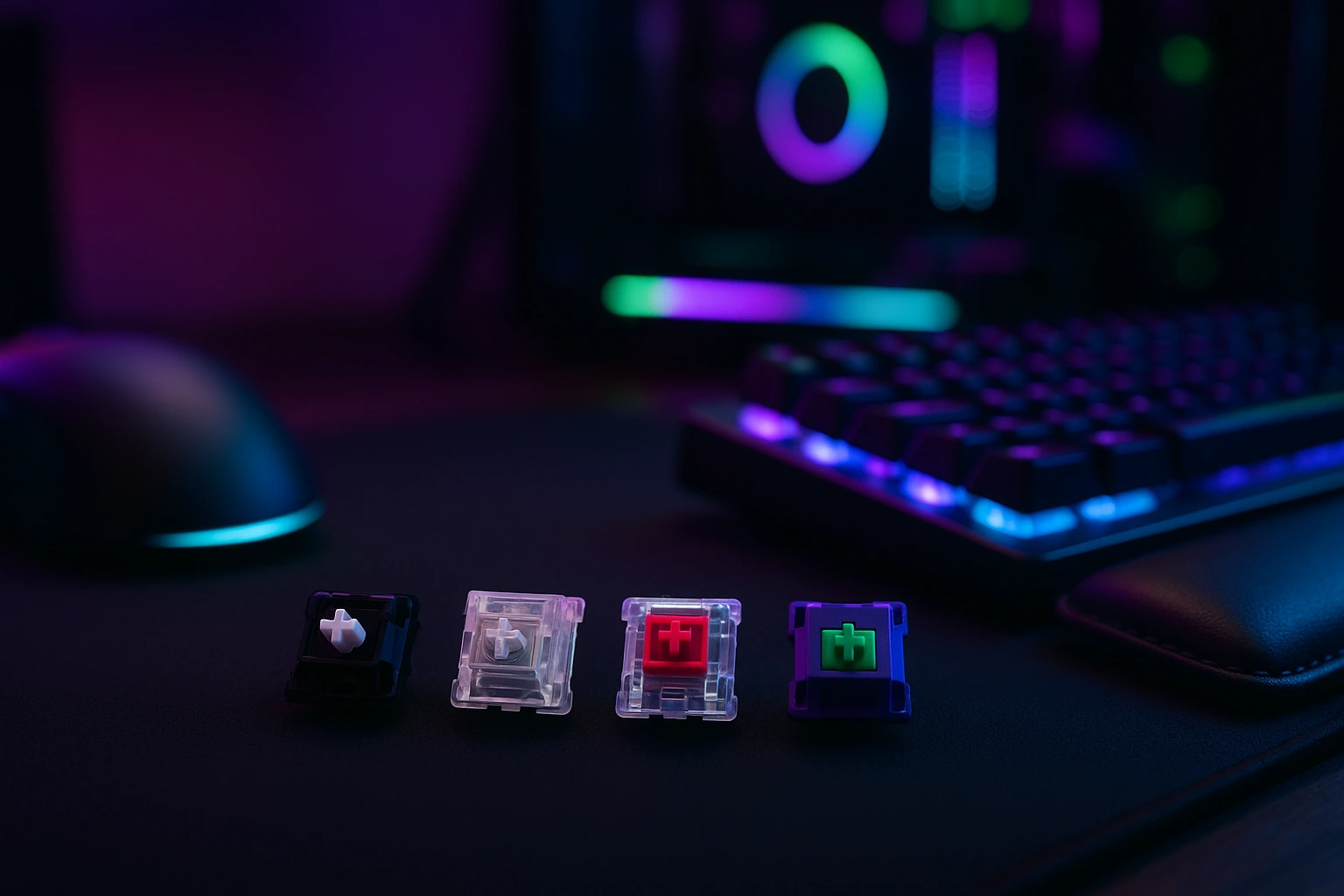Flat-lay of top Hall effect switch models on a gaming desk with RGB lighting