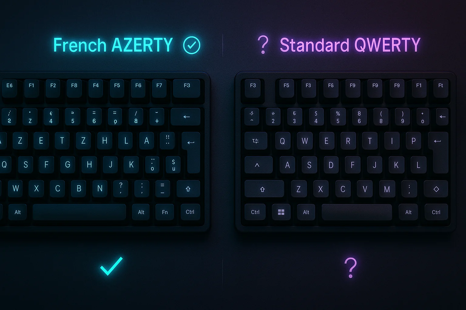 Side-by-side comparison of AZERTY and QWERTY keyboards with visual overlays