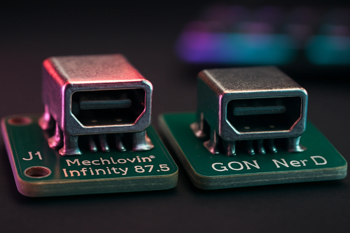 Macro view of Mini USB ports on Mechlovin and GON mechanical keyboard PCBs under soft RGB ambient glow