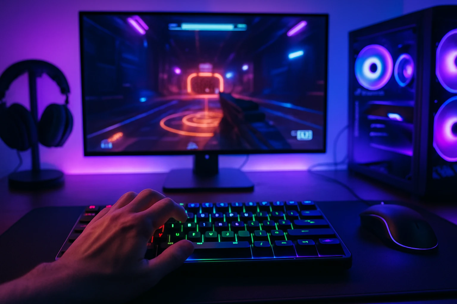 Gamer using a Hall effect keyboard with immersive RGB lighting
