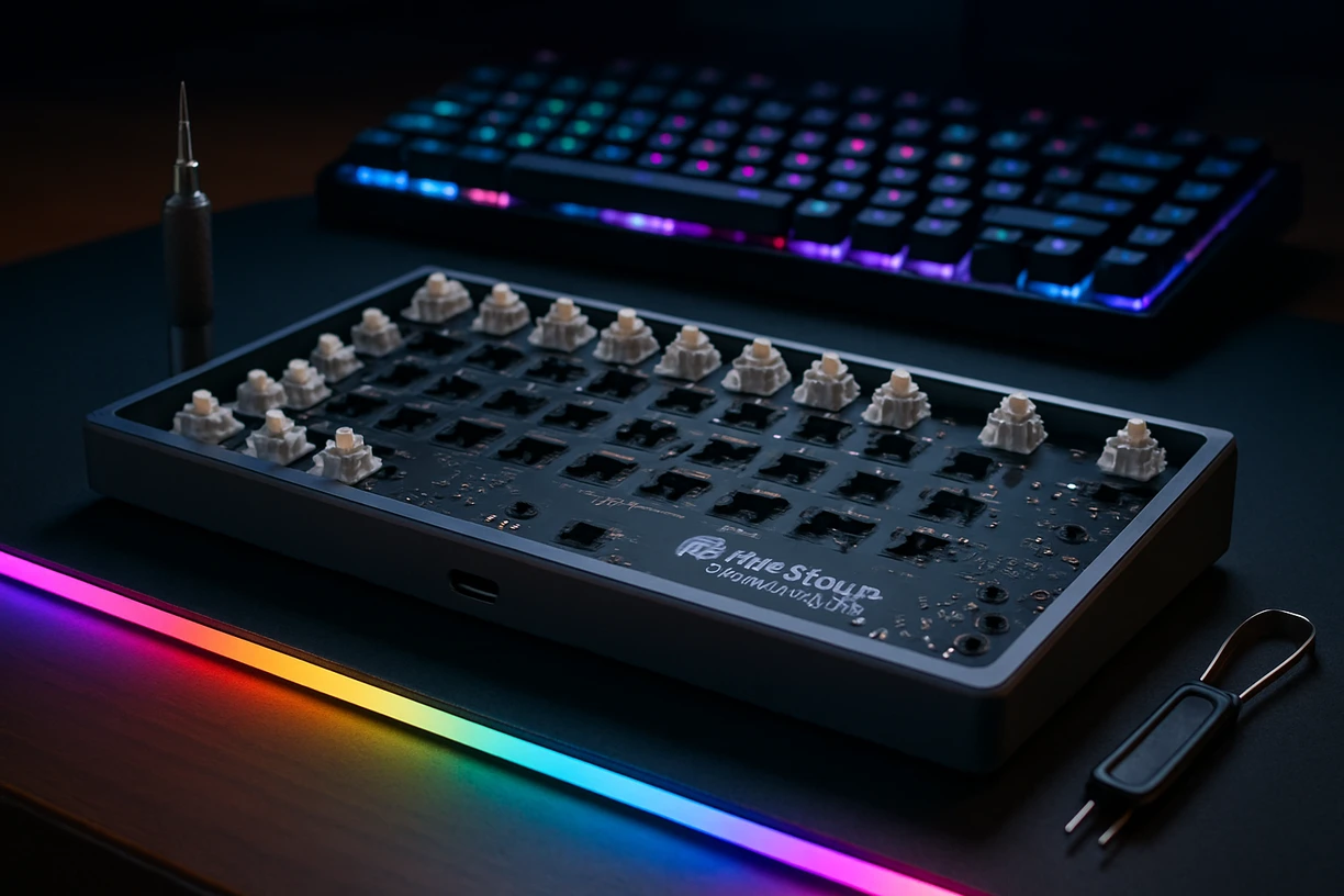 Realistic studio scene of Mechlovin Infinity 87.5 PCB partially built inside a TKL case on an RGB-lit tech desk