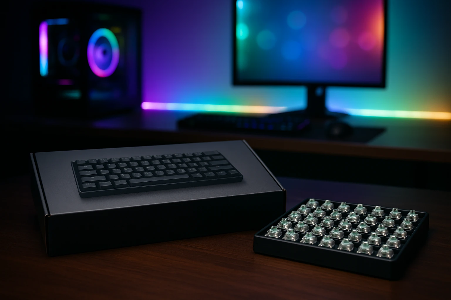 Wooting keyboard and Gateron switches on desk with RGB gaming setup