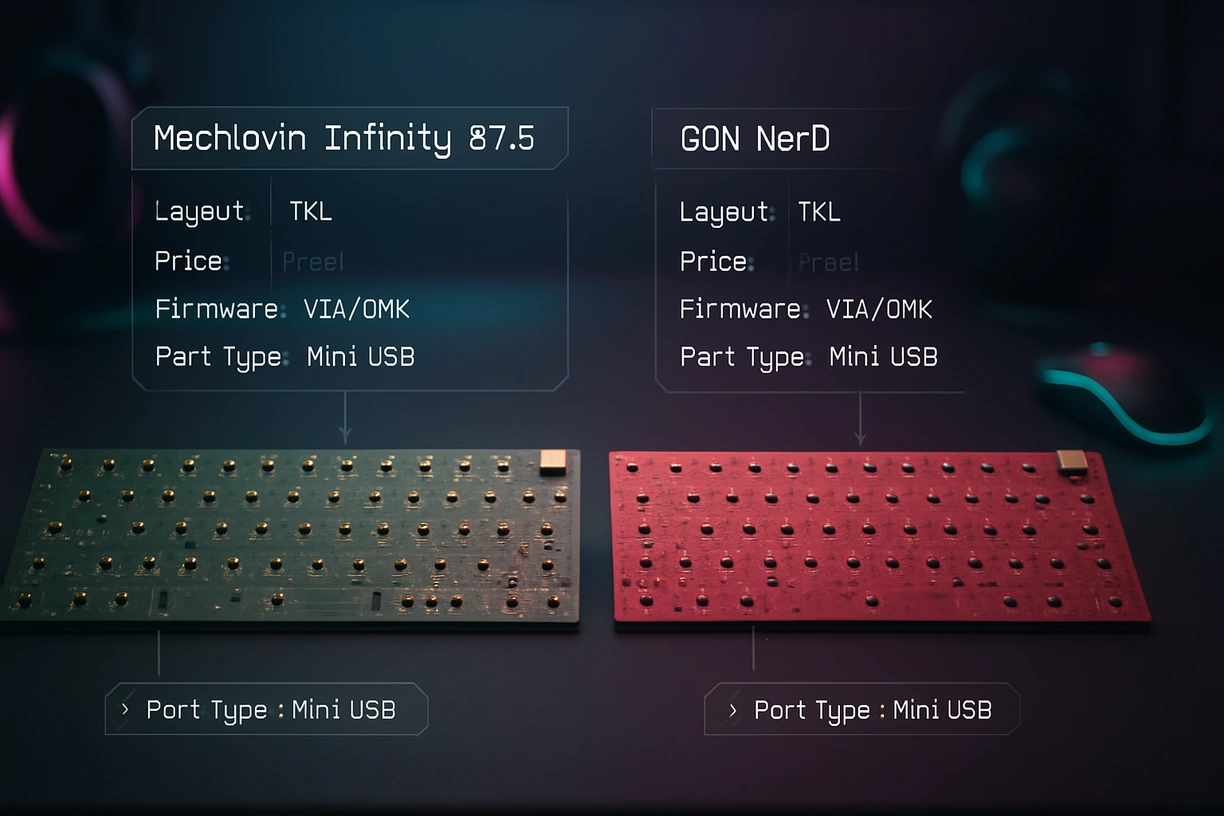 Side-by-side PCBs with overlayed specs and RGB lighting in a dark studio, comparing Mechlovin and GON models
