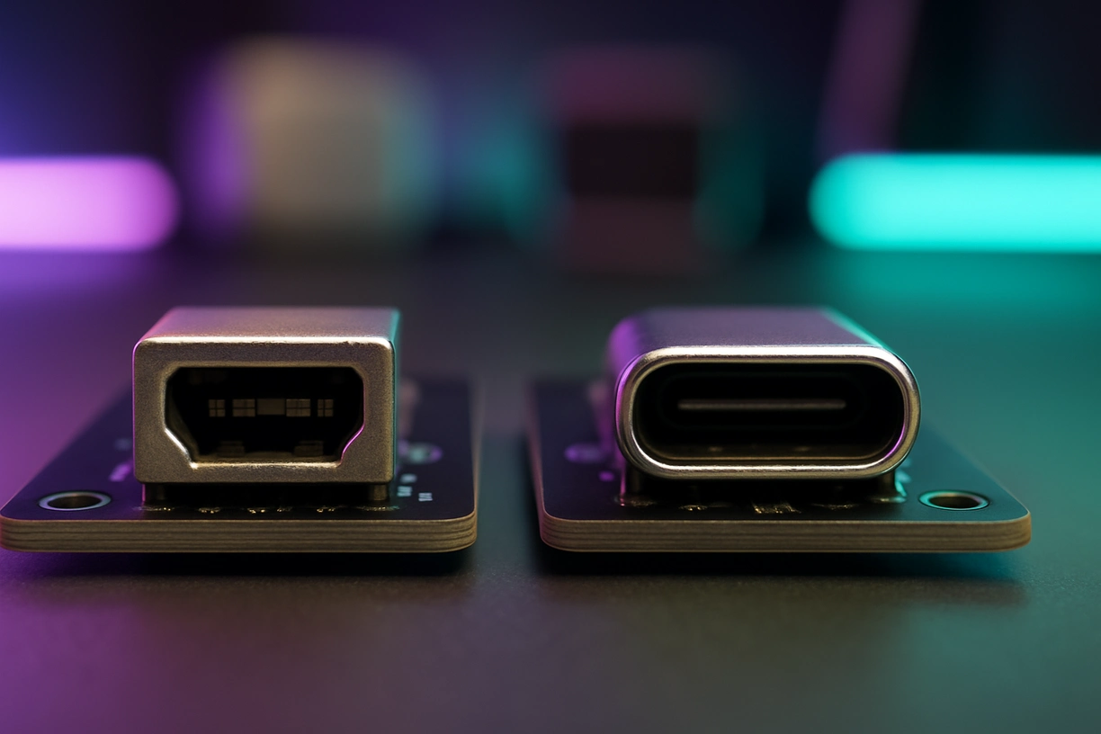 Close-up horizontal comparison of Mini USB and USB-C ports on mechanical keyboard PCBs in a futuristic RGB workspace