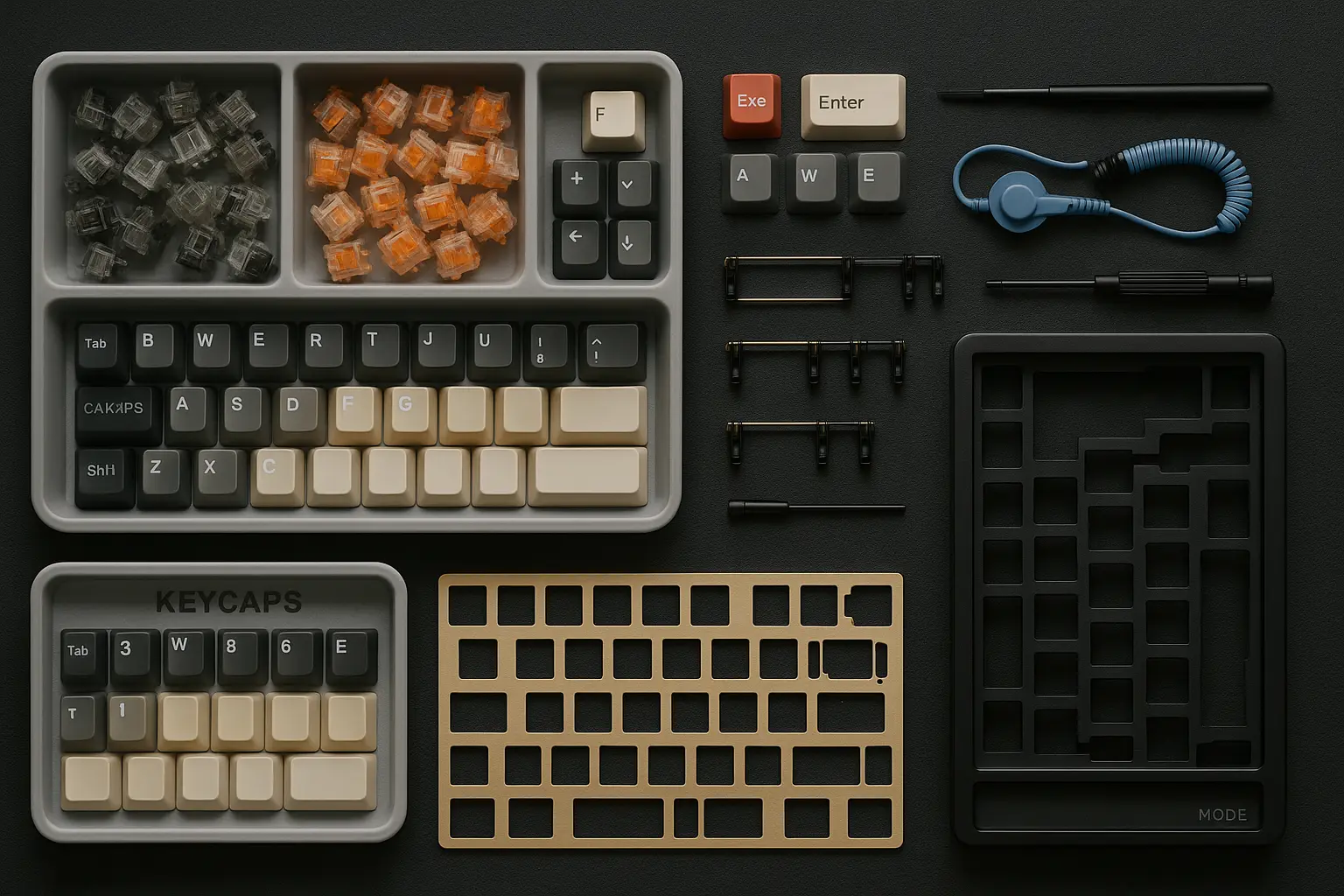 All parts and tools required to build a Mode SixtyFive keyboard laid out neatly