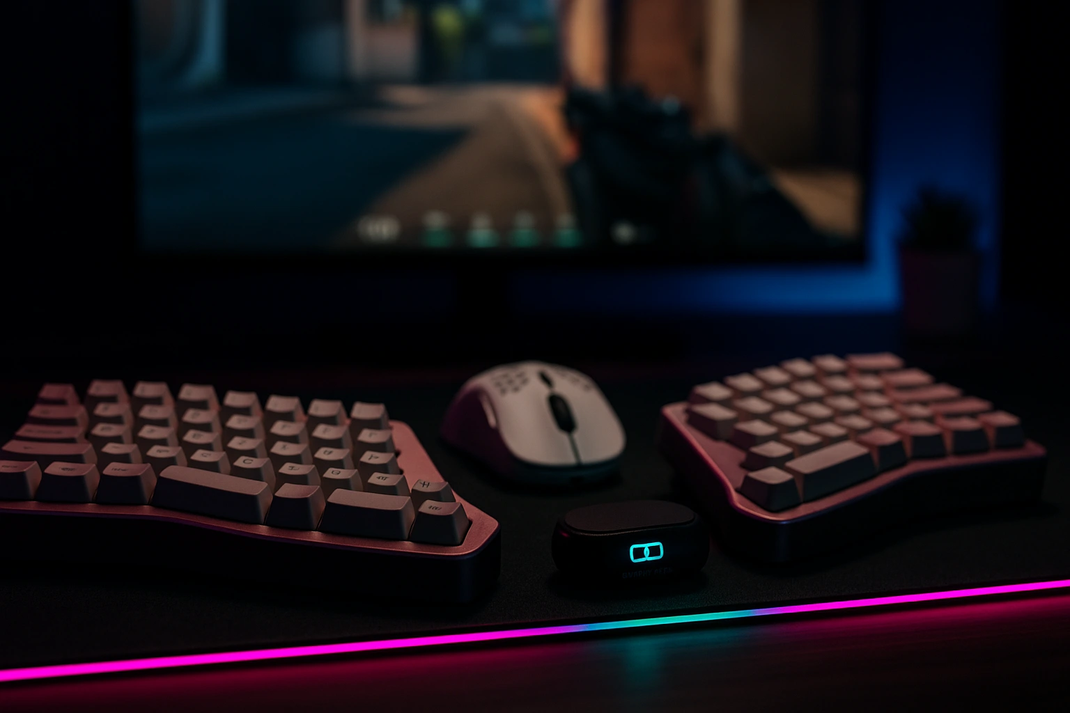 A backlit keyboard and mouse are positioned in front of a computer, creating a modern workspace ambiance.