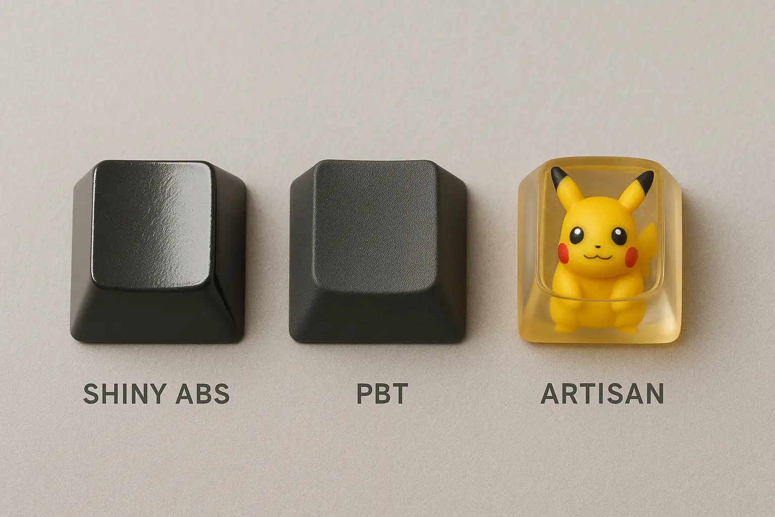 Comparison of three mechanical keyboard keycap materials: shiny ABS, matte PBT, and a detailed resin Pokémon artisan keycap, showing texture differences.