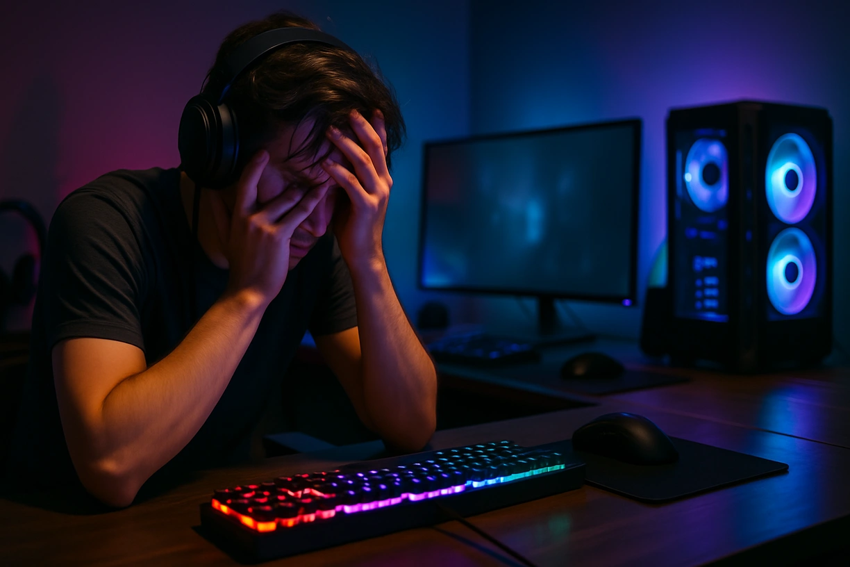 Frustrated gamer sitting at an RGB-lit desk with a glowing keyboard and tech gear in a dimly lit gaming room.