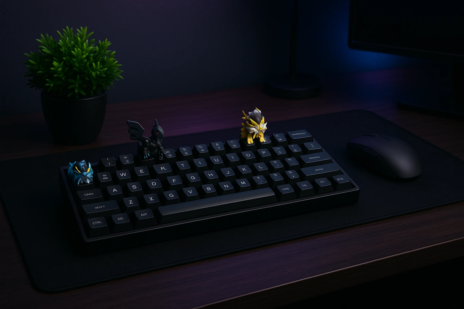 An aesthetically pleasing desk setup featuring a mechanical keyboard with Pokémon keycaps, a matching desk mat, and subtle themed lighting.