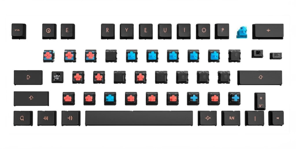  An array of individual black keycaps and keyboard switches (some blue, some red, some black) laid out on a white background, representing a full keyboard set.