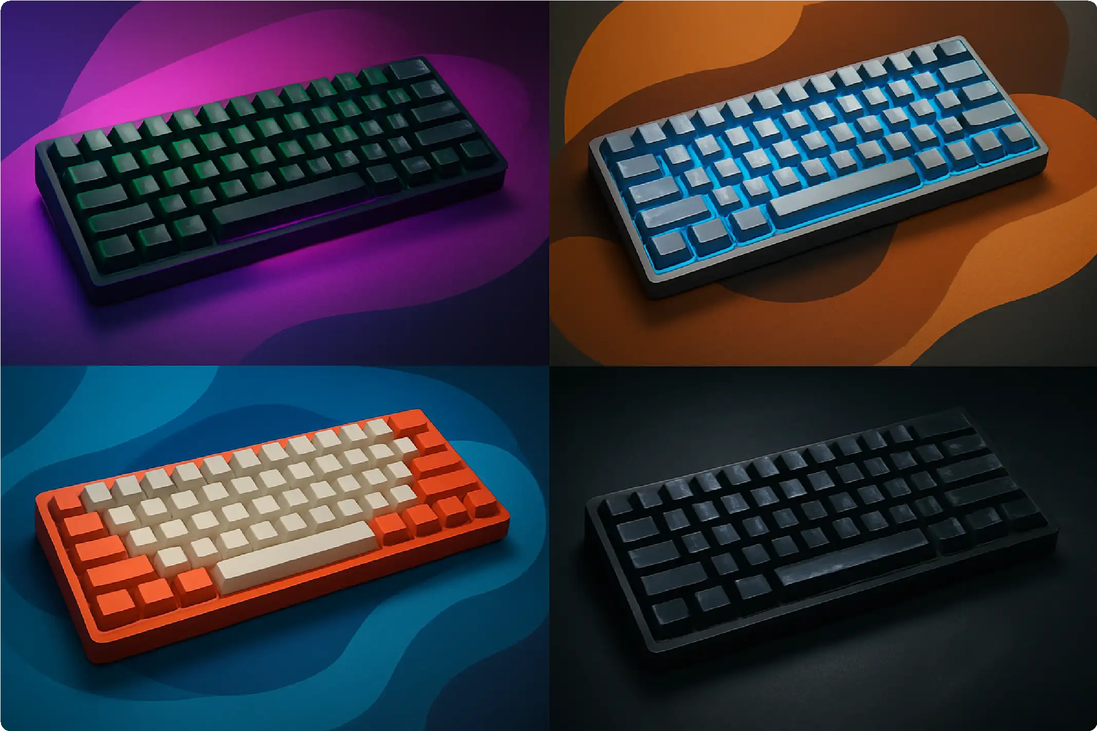  A four-panel image showcasing different colored TKD mechanical keyboards. Top left: dark green with purple backlighting. Top right: gray with blue backlighting. Bottom left: orange with white and orange keycaps and white backlighting. Bottom right: all black with subtle dark backlighting.