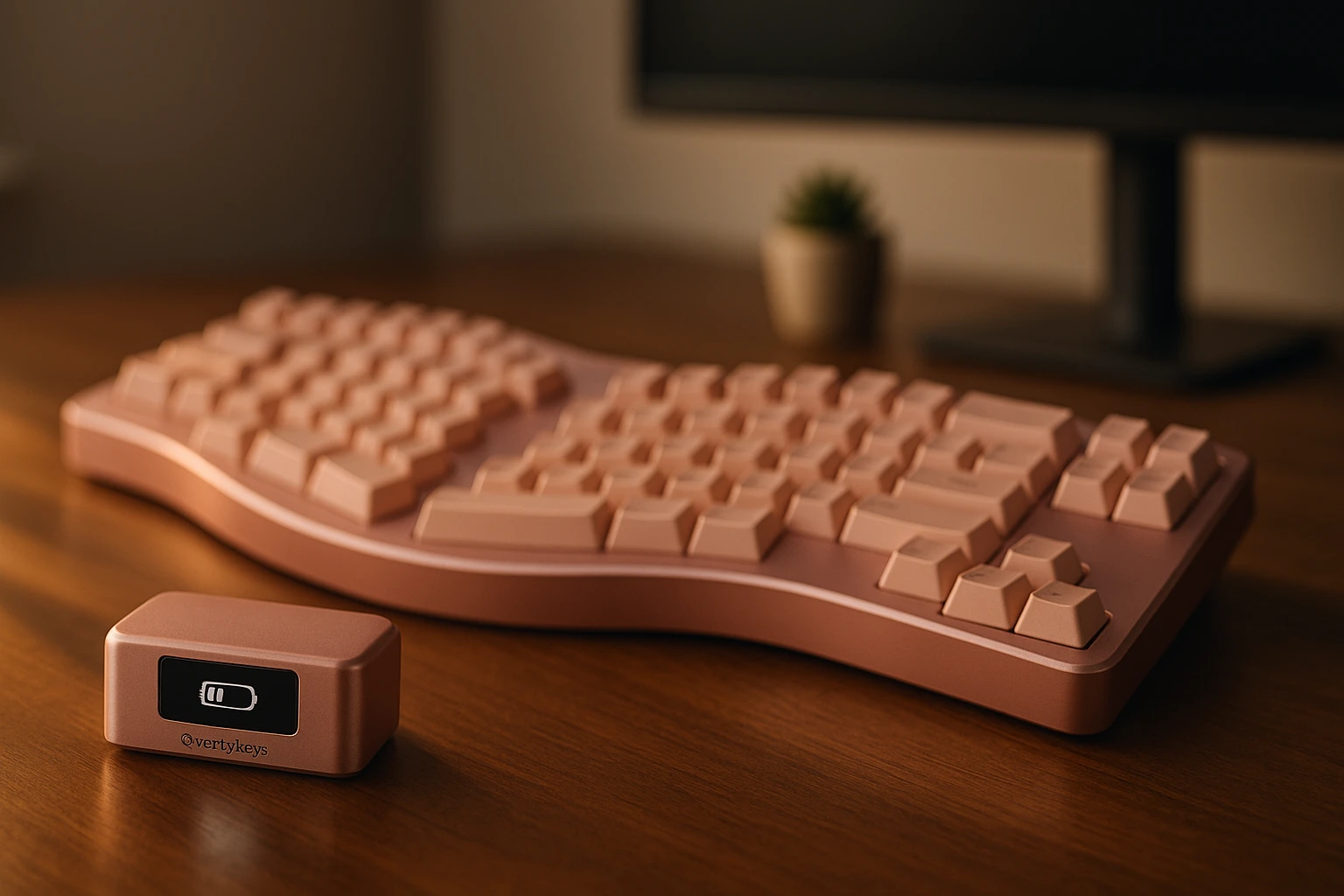 A pink keyboard and mouse placed neatly on a wooden desk, showcasing a stylish and colorful workspace.