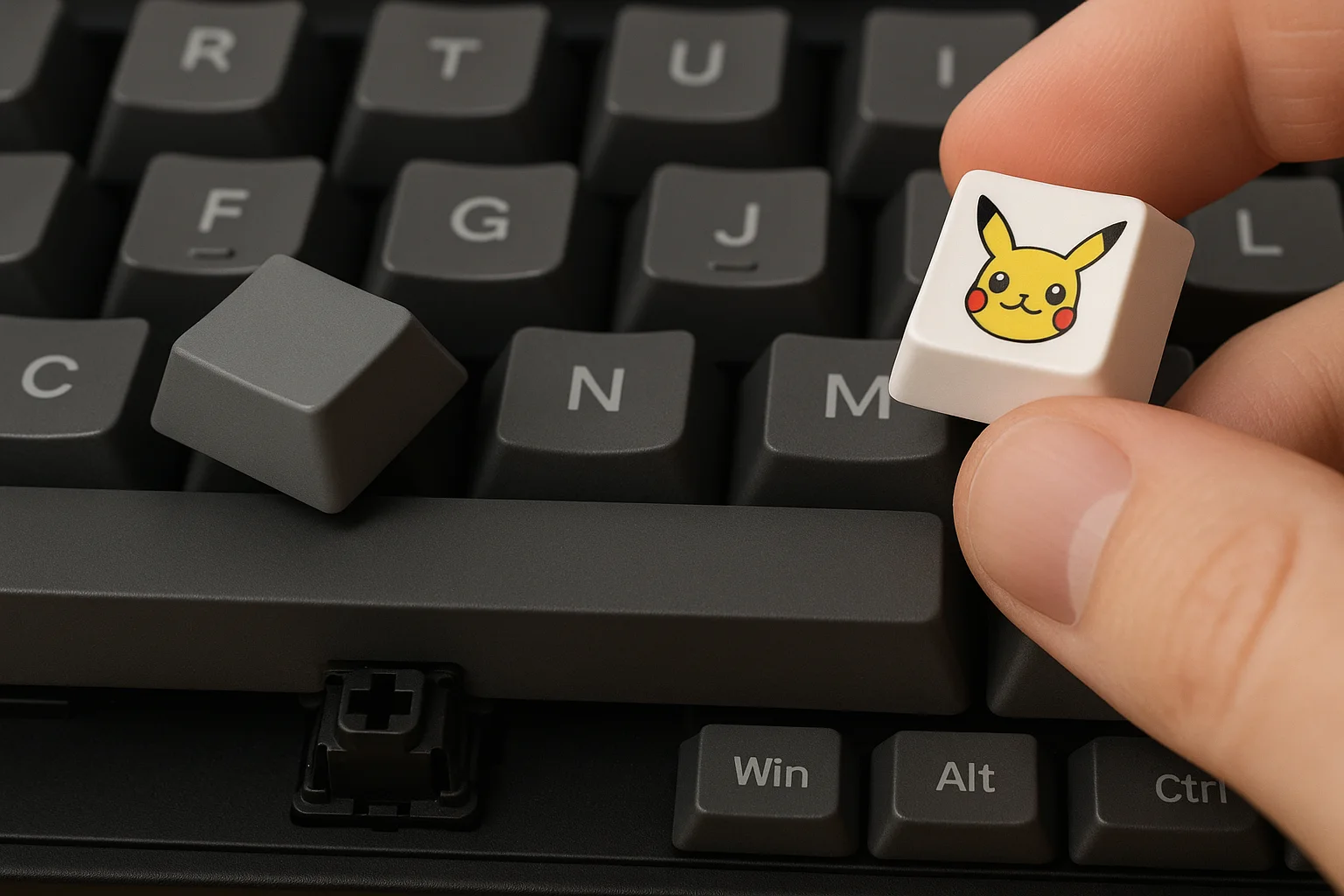 A hand holding a Pokémon keycap next to a mechanical keyboard switch, illustrating Cherry MX stem compatibility and different key sizes.