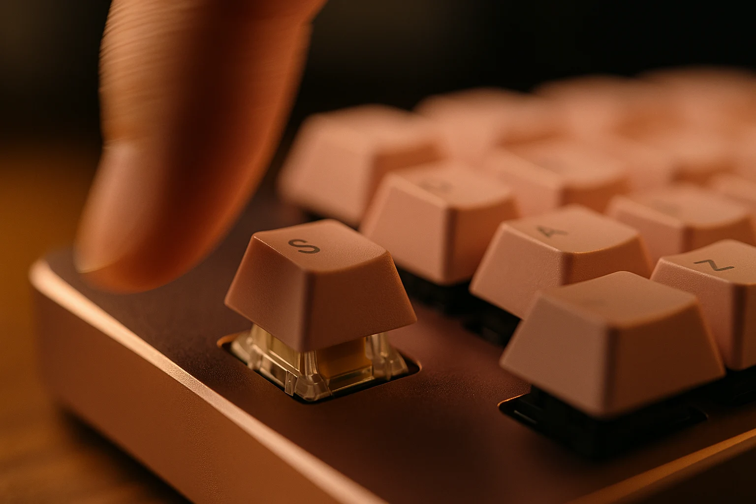 A person's hand is resting on a keyboard, ready to type.