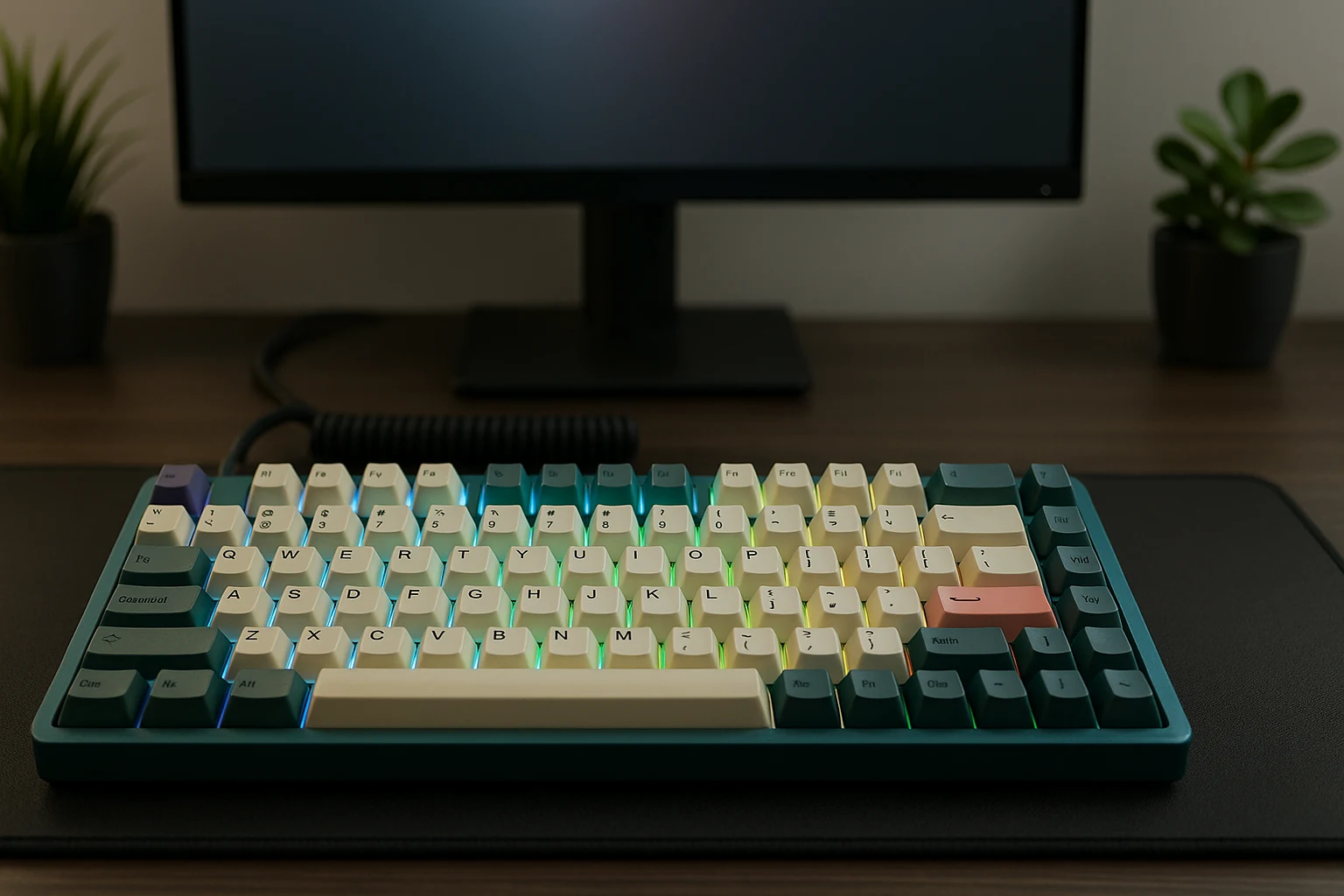 A fully assembled mechanical keyboard with RGB lighting and custom keycaps on a clean tech desk setup